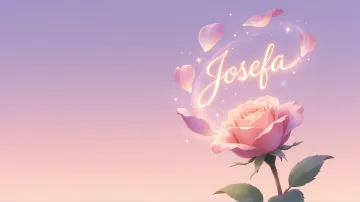 Josefa horizontal diseño 8 - Fondo de Pantalla con degradado suave que transiciona de lila en la parte superior a melocotón y rosa pastel en la base, destacando una rosa rosada hiperrealista con tallo y hojas verdes. El nombre brilla en tipografía cursiva con efecto neón cálido, adornado con pétalos cayendo y chispas de luz mágica.