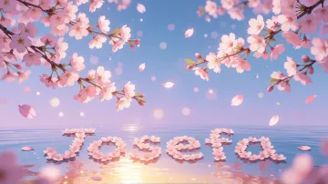 Josefa horizontal diseño 9 - Composición serena y onírica con ramas de cerezo en flor (sakura) en la parte superior contra un cielo en degradado de azul suave y lila. Pétalos de color rosa pastel flotan delicadamente en el aire cayendo hacia una superficie de agua tranquila y cristalina. En el centro inferior, el nombre está formado por pétalos de flores con un sutil efecto de relieve 3D y tipografía floral, reflejándose sobre el agua que está iluminada por un cálido destello dorado de luz solar en la esquina inferior derecha.