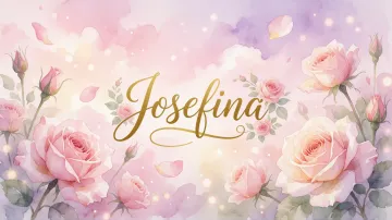 Josefina horizontal diseño 10 - Diseño estilo acuarela con un fondo etéreo y texturizado en nubes de tonos rosa pastel y lila suave. Presenta composiciones de rosas abiertas y capullos en los bordes inferior y superior, con pétalos cayendo delicadamente. Incorpora destellos de luz cálida (efecto bokeh) y, en el centro, resalta una tipografía elegante, cursiva y fluida en color dorado.
