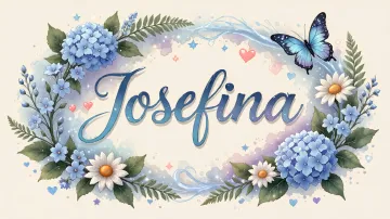 Josefina horizontal diseño 4 - Composición magica con nombre en letra cursiva azul, rodeado de hortensias azules, margaritas blancas y delicadas flores silvestres, enmarcado por suaves remolinos de agua, mariposas azules y destellos estelares sobre un fondo etéreo y romántico.