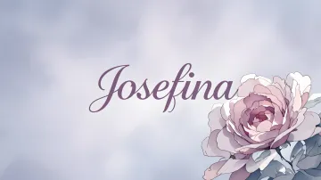 Josefina horizontal diseño 5 - Nombre en elegante tipografía cursiva caligráfica en tono lavanda, sobre fondo acuarela de cielo nublado en tonos pastel (azul, blanco, lavanda), decorado con rosa en acuarela de pétalos rosa pálido, blanco crema y lilas suaves con hojas en gris-verde.