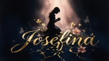 Josefina horizontal diseño 6 - Composición de ilustración semirrealista cinematográfica con silueta femenina tejiendo un hilo dorado de luz sobre un suelo oscuro fracturado al estilo Kintsugi, donde el nombre resalta en un prominente guión caligráfico dorado que emerge de las grietas, rodeado de flores blancas, mariposas y un fondo degradado de azules profundos iluminado por una luz celestial en tonos melocotón y crema, con una frase de aliento en tipografía blanca en la parte inferior.