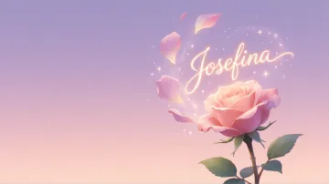 Josefina horizontal diseño 8 - Fondo de Pantalla con degradado suave que transiciona de lila en la parte superior a melocotón y rosa pastel en la base, destacando una rosa rosada hiperrealista con tallo y hojas verdes. El nombre brilla en tipografía cursiva con efecto neón cálido, adornado con pétalos cayendo y chispas de luz mágica.