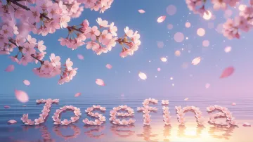 Josefina horizontal diseño 9 - Composición serena y onírica con ramas de cerezo en flor (sakura) en la parte superior contra un cielo en degradado de azul suave y lila. Pétalos de color rosa pastel flotan delicadamente en el aire cayendo hacia una superficie de agua tranquila y cristalina. En el centro inferior, el nombre está formado por pétalos de flores con un sutil efecto de relieve 3D y tipografía floral, reflejándose sobre el agua que está iluminada por un cálido destello dorado de luz solar en la esquina inferior derecha.