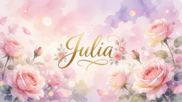 Julia horizontal diseño 10 - Diseño estilo acuarela con un fondo etéreo y texturizado en nubes de tonos rosa pastel y lila suave. Presenta composiciones de rosas abiertas y capullos en los bordes inferior y superior, con pétalos cayendo delicadamente. Incorpora destellos de luz cálida (efecto bokeh) y, en el centro, resalta una tipografía elegante, cursiva y fluida en color dorado.