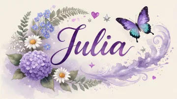 Julia horizontal diseño 2 - Diseño elegante de hortensias en tonos lila y morados suaves, con volutas estilizadas y una mariposa mística que aporta un toque etéreo y mágico.