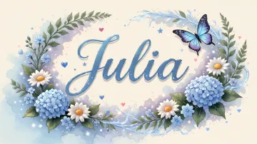 Julia horizontal diseño 4 - Composición magica con nombre en letra cursiva azul, rodeado de hortensias azules, margaritas blancas y delicadas flores silvestres, enmarcado por suaves remolinos de agua, mariposas azules y destellos estelares sobre un fondo etéreo y romántico.