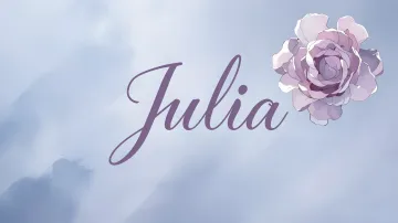 Julia horizontal diseño 5 - Nombre en elegante tipografía cursiva caligráfica en tono lavanda, sobre fondo acuarela de cielo nublado en tonos pastel (azul, blanco, lavanda), decorado con rosa en acuarela de pétalos rosa pálido, blanco crema y lilas suaves con hojas en gris-verde.