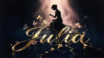 Julia horizontal diseño 6 - Composición de ilustración semirrealista cinematográfica con silueta femenina tejiendo un hilo dorado de luz sobre un suelo oscuro fracturado al estilo Kintsugi, donde el nombre resalta en un prominente guión caligráfico dorado que emerge de las grietas, rodeado de flores blancas, mariposas y un fondo degradado de azules profundos iluminado por una luz celestial en tonos melocotón y crema, con una frase de aliento en tipografía blanca en la parte inferior.