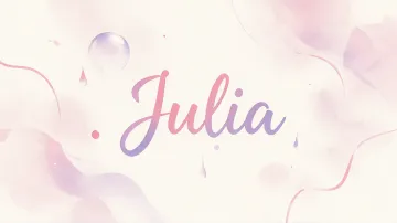 Julia horizontal diseño 7 - Diseño abstracto en acuarela sobre fondo crema, con manchas fluidas y etéreas en rosa pastel y lila, líneas curvas que aportan movimiento, pequeñas gotas salpicadas cayendo verticalmente y una burbuja translúcida en la parte superior izquierda. El nombre resalta al centro con una tipografía cursiva amplia y elegante en degradado rosa a morado.
