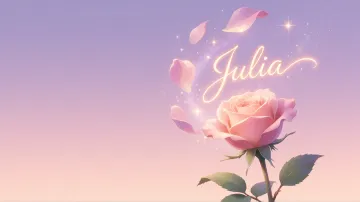 Julia horizontal diseño 8 - Fondo de Pantalla con degradado suave que transiciona de lila en la parte superior a melocotón y rosa pastel en la base, destacando una rosa rosada hiperrealista con tallo y hojas verdes. El nombre brilla en tipografía cursiva con efecto neón cálido, adornado con pétalos cayendo y chispas de luz mágica.