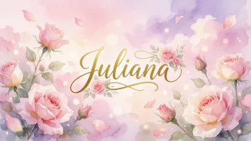 Juliana horizontal diseño 10 - Diseño estilo acuarela con un fondo etéreo y texturizado en nubes de tonos rosa pastel y lila suave. Presenta composiciones de rosas abiertas y capullos en los bordes inferior y superior, con pétalos cayendo delicadamente. Incorpora destellos de luz cálida (efecto bokeh) y, en el centro, resalta una tipografía elegante, cursiva y fluida en color dorado.