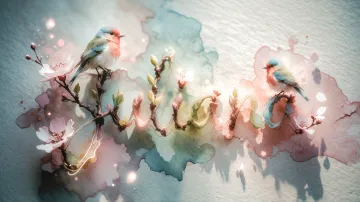 Juliana horizontal diseño 11 - Un delicado diseño de estilo acuarela digital que combina una tipografía de caligrafía personalizada para el nombre en tonos dorados y rosados suaves, adornada con pequeñas hojas y brotes. Un pajarito azul y naranja vibrante está posado en una de las letras. Todo está rodeado por un marco circular de ramas de cerezo en flor con delicadas flores rosadas y blancas. El fondo es un lavado de acuarela difuminado en tonos pastel suaves de azul cerceta, rosa rubor y melocotón sobre una textura de papel rugoso, con destellos luminosos y motas de luz bokeh flotando alrededor, creando una atmósfera mágica y soñadora. Las sombras suaves proyectadas añaden profundidad.