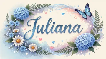 Juliana horizontal diseño 4 - Composición magica con nombre en letra cursiva azul, rodeado de hortensias azules, margaritas blancas y delicadas flores silvestres, enmarcado por suaves remolinos de agua, mariposas azules y destellos estelares sobre un fondo etéreo y romántico.