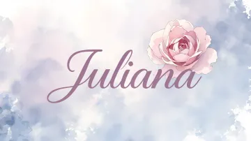 Juliana horizontal diseño 5 - Nombre en elegante tipografía cursiva caligráfica en tono lavanda, sobre fondo acuarela de cielo nublado en tonos pastel (azul, blanco, lavanda), decorado con rosa en acuarela de pétalos rosa pálido, blanco crema y lilas suaves con hojas en gris-verde.