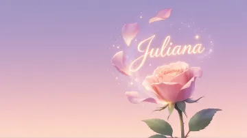 Juliana horizontal diseño 8 - Fondo de Pantalla con degradado suave que transiciona de lila en la parte superior a melocotón y rosa pastel en la base, destacando una rosa rosada hiperrealista con tallo y hojas verdes. El nombre brilla en tipografía cursiva con efecto neón cálido, adornado con pétalos cayendo y chispas de luz mágica.