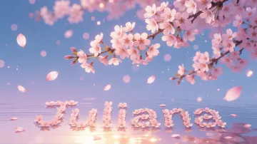 Juliana horizontal diseño 9 - Composición serena y onírica con ramas de cerezo en flor (sakura) en la parte superior contra un cielo en degradado de azul suave y lila. Pétalos de color rosa pastel flotan delicadamente en el aire cayendo hacia una superficie de agua tranquila y cristalina. En el centro inferior, el nombre está formado por pétalos de flores con un sutil efecto de relieve 3D y tipografía floral, reflejándose sobre el agua que está iluminada por un cálido destello dorado de luz solar en la esquina inferior derecha.