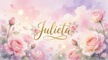 Julieta horizontal diseño 10 - Diseño estilo acuarela con un fondo etéreo y texturizado en nubes de tonos rosa pastel y lila suave. Presenta composiciones de rosas abiertas y capullos en los bordes inferior y superior, con pétalos cayendo delicadamente. Incorpora destellos de luz cálida (efecto bokeh) y, en el centro, resalta una tipografía elegante, cursiva y fluida en color dorado.