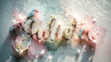 Julieta horizontal diseño 11 - Un delicado diseño de estilo acuarela digital que combina una tipografía de caligrafía personalizada para el nombre en tonos dorados y rosados suaves, adornada con pequeñas hojas y brotes. Un pajarito azul y naranja vibrante está posado en una de las letras. Todo está rodeado por un marco circular de ramas de cerezo en flor con delicadas flores rosadas y blancas. El fondo es un lavado de acuarela difuminado en tonos pastel suaves de azul cerceta, rosa rubor y melocotón sobre una textura de papel rugoso, con destellos luminosos y motas de luz bokeh flotando alrededor, creando una atmósfera mágica y soñadora. Las sombras suaves proyectadas añaden profundidad.
