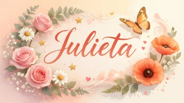 Julieta horizontal diseño 3 - Elegante composición de rosas rosadas y amapolas naranjas con mariposas doradas brillantes sobre un fondo cálido, romántico y mágico.