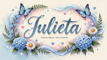Julieta horizontal diseño 4 - Composición magica con nombre en letra cursiva azul, rodeado de hortensias azules, margaritas blancas y delicadas flores silvestres, enmarcado por suaves remolinos de agua, mariposas azules y destellos estelares sobre un fondo etéreo y romántico.