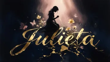 Julieta horizontal diseño 6 - Composición de ilustración semirrealista cinematográfica con silueta femenina tejiendo un hilo dorado de luz sobre un suelo oscuro fracturado al estilo Kintsugi, donde el nombre resalta en un prominente guión caligráfico dorado que emerge de las grietas, rodeado de flores blancas, mariposas y un fondo degradado de azules profundos iluminado por una luz celestial en tonos melocotón y crema, con una frase de aliento en tipografía blanca en la parte inferior.