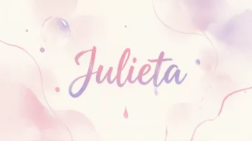 Julieta horizontal diseño 7 - Diseño abstracto en acuarela sobre fondo crema, con manchas fluidas y etéreas en rosa pastel y lila, líneas curvas que aportan movimiento, pequeñas gotas salpicadas cayendo verticalmente y una burbuja translúcida en la parte superior izquierda. El nombre resalta al centro con una tipografía cursiva amplia y elegante en degradado rosa a morado.