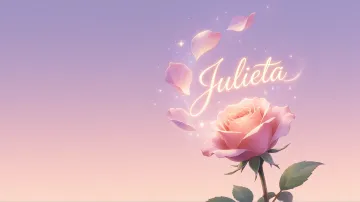 Julieta horizontal diseño 8 - Fondo de Pantalla con degradado suave que transiciona de lila en la parte superior a melocotón y rosa pastel en la base, destacando una rosa rosada hiperrealista con tallo y hojas verdes. El nombre brilla en tipografía cursiva con efecto neón cálido, adornado con pétalos cayendo y chispas de luz mágica.