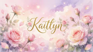 Kaitlyn horizontal diseño 10 - Diseño estilo acuarela con un fondo etéreo y texturizado en nubes de tonos rosa pastel y lila suave. Presenta composiciones de rosas abiertas y capullos en los bordes inferior y superior, con pétalos cayendo delicadamente. Incorpora destellos de luz cálida (efecto bokeh) y, en el centro, resalta una tipografía elegante, cursiva y fluida en color dorado.