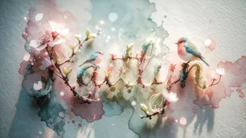 Kaitlyn horizontal diseño 11 - Un delicado diseño de estilo acuarela digital que combina una tipografía de caligrafía personalizada para el nombre en tonos dorados y rosados suaves, adornada con pequeñas hojas y brotes. Un pajarito azul y naranja vibrante está posado en una de las letras. Todo está rodeado por un marco circular de ramas de cerezo en flor con delicadas flores rosadas y blancas. El fondo es un lavado de acuarela difuminado en tonos pastel suaves de azul cerceta, rosa rubor y melocotón sobre una textura de papel rugoso, con destellos luminosos y motas de luz bokeh flotando alrededor, creando una atmósfera mágica y soñadora. Las sombras suaves proyectadas añaden profundidad.