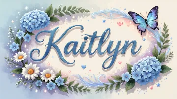 Kaitlyn horizontal diseño 4 - Composición magica con nombre en letra cursiva azul, rodeado de hortensias azules, margaritas blancas y delicadas flores silvestres, enmarcado por suaves remolinos de agua, mariposas azules y destellos estelares sobre un fondo etéreo y romántico.