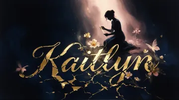Kaitlyn horizontal diseño 6 - Composición de ilustración semirrealista cinematográfica con silueta femenina tejiendo un hilo dorado de luz sobre un suelo oscuro fracturado al estilo Kintsugi, donde el nombre resalta en un prominente guión caligráfico dorado que emerge de las grietas, rodeado de flores blancas, mariposas y un fondo degradado de azules profundos iluminado por una luz celestial en tonos melocotón y crema, con una frase de aliento en tipografía blanca en la parte inferior.