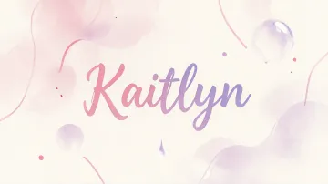 Kaitlyn horizontal diseño 7 - Diseño abstracto en acuarela sobre fondo crema, con manchas fluidas y etéreas en rosa pastel y lila, líneas curvas que aportan movimiento, pequeñas gotas salpicadas cayendo verticalmente y una burbuja translúcida en la parte superior izquierda. El nombre resalta al centro con una tipografía cursiva amplia y elegante en degradado rosa a morado.