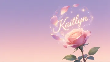 Kaitlyn horizontal diseño 8 - Fondo de Pantalla con degradado suave que transiciona de lila en la parte superior a melocotón y rosa pastel en la base, destacando una rosa rosada hiperrealista con tallo y hojas verdes. El nombre brilla en tipografía cursiva con efecto neón cálido, adornado con pétalos cayendo y chispas de luz mágica.