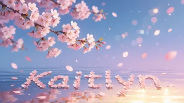 Kaitlyn horizontal diseño 9 - Composición serena y onírica con ramas de cerezo en flor (sakura) en la parte superior contra un cielo en degradado de azul suave y lila. Pétalos de color rosa pastel flotan delicadamente en el aire cayendo hacia una superficie de agua tranquila y cristalina. En el centro inferior, el nombre está formado por pétalos de flores con un sutil efecto de relieve 3D y tipografía floral, reflejándose sobre el agua que está iluminada por un cálido destello dorado de luz solar en la esquina inferior derecha.