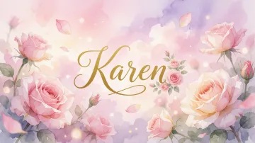 Karen horizontal diseño 10 - Diseño estilo acuarela con un fondo etéreo y texturizado en nubes de tonos rosa pastel y lila suave. Presenta composiciones de rosas abiertas y capullos en los bordes inferior y superior, con pétalos cayendo delicadamente. Incorpora destellos de luz cálida (efecto bokeh) y, en el centro, resalta una tipografía elegante, cursiva y fluida en color dorado.