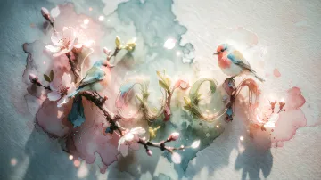 Karen horizontal diseño 11 - Un delicado diseño de estilo acuarela digital que combina una tipografía de caligrafía personalizada para el nombre en tonos dorados y rosados suaves, adornada con pequeñas hojas y brotes. Un pajarito azul y naranja vibrante está posado en una de las letras. Todo está rodeado por un marco circular de ramas de cerezo en flor con delicadas flores rosadas y blancas. El fondo es un lavado de acuarela difuminado en tonos pastel suaves de azul cerceta, rosa rubor y melocotón sobre una textura de papel rugoso, con destellos luminosos y motas de luz bokeh flotando alrededor, creando una atmósfera mágica y soñadora. Las sombras suaves proyectadas añaden profundidad.