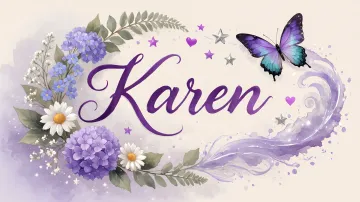 Karen horizontal diseño 2 - Diseño elegante de hortensias en tonos lila y morados suaves, con volutas estilizadas y una mariposa mística que aporta un toque etéreo y mágico.