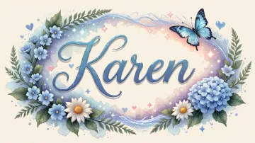 Karen horizontal diseño 4 - Composición magica con nombre en letra cursiva azul, rodeado de hortensias azules, margaritas blancas y delicadas flores silvestres, enmarcado por suaves remolinos de agua, mariposas azules y destellos estelares sobre un fondo etéreo y romántico.