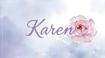 Karen horizontal diseño 5 - Nombre en elegante tipografía cursiva caligráfica en tono lavanda, sobre fondo acuarela de cielo nublado en tonos pastel (azul, blanco, lavanda), decorado con rosa en acuarela de pétalos rosa pálido, blanco crema y lilas suaves con hojas en gris-verde.