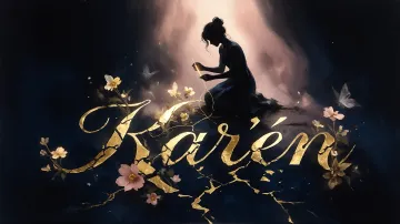 Karen horizontal diseño 6 - Composición de ilustración semirrealista cinematográfica con silueta femenina tejiendo un hilo dorado de luz sobre un suelo oscuro fracturado al estilo Kintsugi, donde el nombre resalta en un prominente guión caligráfico dorado que emerge de las grietas, rodeado de flores blancas, mariposas y un fondo degradado de azules profundos iluminado por una luz celestial en tonos melocotón y crema, con una frase de aliento en tipografía blanca en la parte inferior.