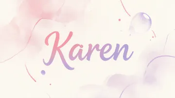 Karen horizontal diseño 7 - Diseño abstracto en acuarela sobre fondo crema, con manchas fluidas y etéreas en rosa pastel y lila, líneas curvas que aportan movimiento, pequeñas gotas salpicadas cayendo verticalmente y una burbuja translúcida en la parte superior izquierda. El nombre resalta al centro con una tipografía cursiva amplia y elegante en degradado rosa a morado.