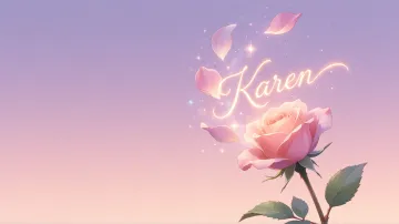 Karen horizontal diseño 8 - Fondo de Pantalla con degradado suave que transiciona de lila en la parte superior a melocotón y rosa pastel en la base, destacando una rosa rosada hiperrealista con tallo y hojas verdes. El nombre brilla en tipografía cursiva con efecto neón cálido, adornado con pétalos cayendo y chispas de luz mágica.