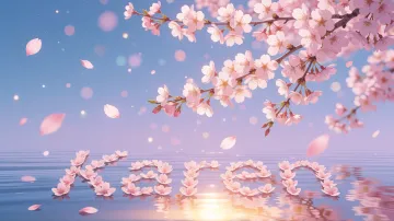 Karen horizontal diseño 9 - Composición serena y onírica con ramas de cerezo en flor (sakura) en la parte superior contra un cielo en degradado de azul suave y lila. Pétalos de color rosa pastel flotan delicadamente en el aire cayendo hacia una superficie de agua tranquila y cristalina. En el centro inferior, el nombre está formado por pétalos de flores con un sutil efecto de relieve 3D y tipografía floral, reflejándose sobre el agua que está iluminada por un cálido destello dorado de luz solar en la esquina inferior derecha.