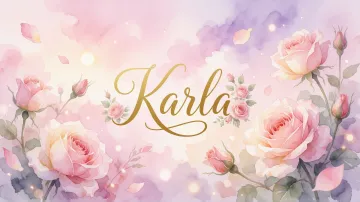 Karla horizontal diseño 10 - Diseño estilo acuarela con un fondo etéreo y texturizado en nubes de tonos rosa pastel y lila suave. Presenta composiciones de rosas abiertas y capullos en los bordes inferior y superior, con pétalos cayendo delicadamente. Incorpora destellos de luz cálida (efecto bokeh) y, en el centro, resalta una tipografía elegante, cursiva y fluida en color dorado.