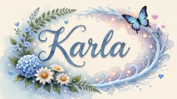 Karla horizontal diseño 4 - Composición magica con nombre en letra cursiva azul, rodeado de hortensias azules, margaritas blancas y delicadas flores silvestres, enmarcado por suaves remolinos de agua, mariposas azules y destellos estelares sobre un fondo etéreo y romántico.