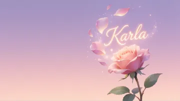 Karla horizontal diseño 8 - Fondo de Pantalla con degradado suave que transiciona de lila en la parte superior a melocotón y rosa pastel en la base, destacando una rosa rosada hiperrealista con tallo y hojas verdes. El nombre brilla en tipografía cursiva con efecto neón cálido, adornado con pétalos cayendo y chispas de luz mágica.