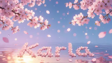 Karla horizontal diseño 9 - Composición serena y onírica con ramas de cerezo en flor (sakura) en la parte superior contra un cielo en degradado de azul suave y lila. Pétalos de color rosa pastel flotan delicadamente en el aire cayendo hacia una superficie de agua tranquila y cristalina. En el centro inferior, el nombre está formado por pétalos de flores con un sutil efecto de relieve 3D y tipografía floral, reflejándose sobre el agua que está iluminada por un cálido destello dorado de luz solar en la esquina inferior derecha.