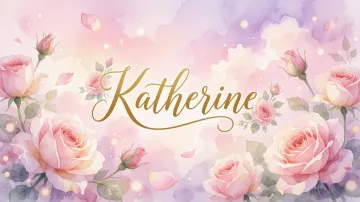 Katherine horizontal diseño 10 - Diseño estilo acuarela con un fondo etéreo y texturizado en nubes de tonos rosa pastel y lila suave. Presenta composiciones de rosas abiertas y capullos en los bordes inferior y superior, con pétalos cayendo delicadamente. Incorpora destellos de luz cálida (efecto bokeh) y, en el centro, resalta una tipografía elegante, cursiva y fluida en color dorado.