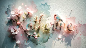 Katherine horizontal diseño 11 - Un delicado diseño de estilo acuarela digital que combina una tipografía de caligrafía personalizada para el nombre en tonos dorados y rosados suaves, adornada con pequeñas hojas y brotes. Un pajarito azul y naranja vibrante está posado en una de las letras. Todo está rodeado por un marco circular de ramas de cerezo en flor con delicadas flores rosadas y blancas. El fondo es un lavado de acuarela difuminado en tonos pastel suaves de azul cerceta, rosa rubor y melocotón sobre una textura de papel rugoso, con destellos luminosos y motas de luz bokeh flotando alrededor, creando una atmósfera mágica y soñadora. Las sombras suaves proyectadas añaden profundidad.